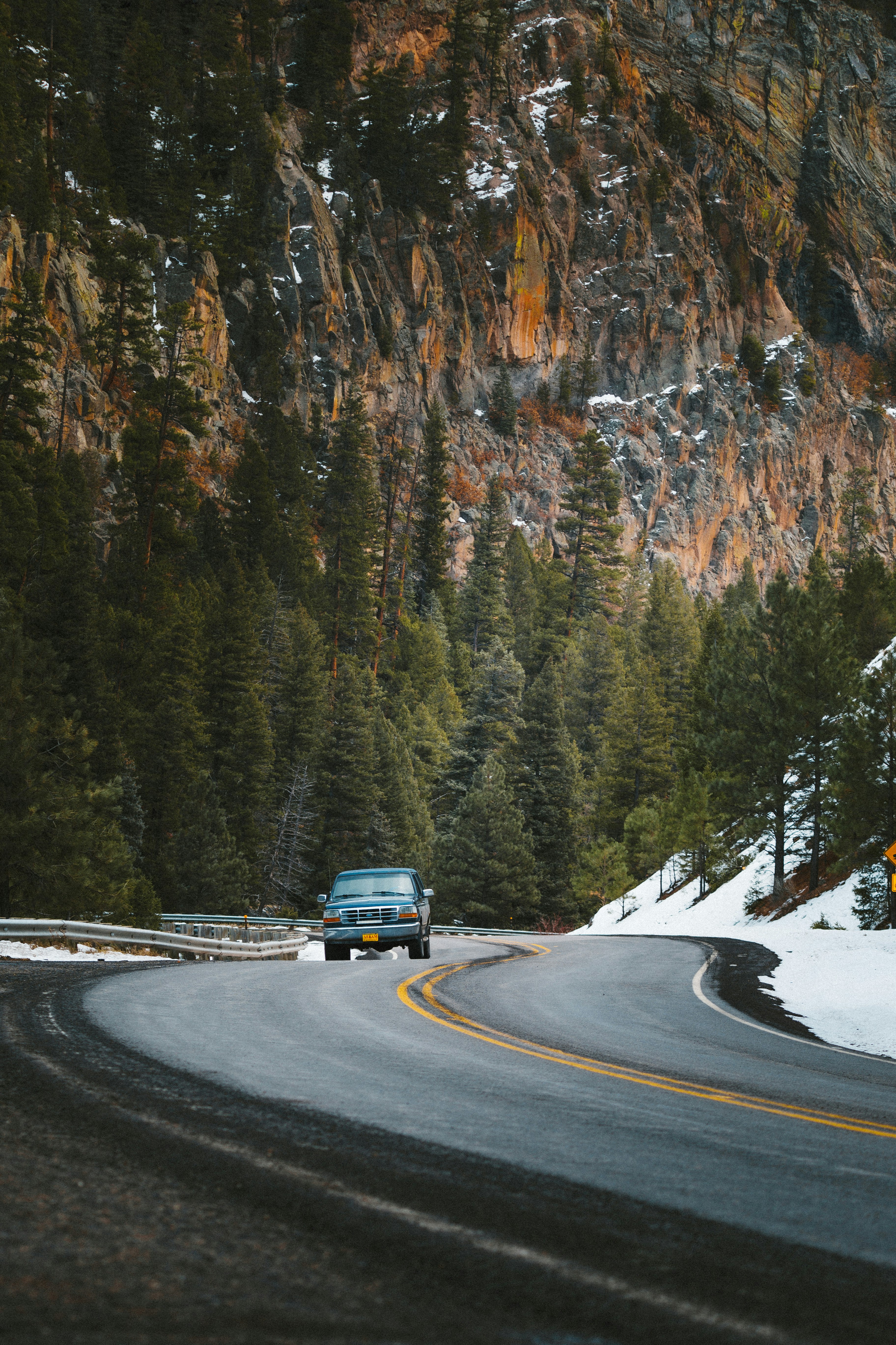 black car on road between trees during daytime